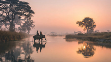 This captivating image features majestic elephants wading through a tranquil river at dawn, with silhouettes of riders illuminating a serene landscape.の素材