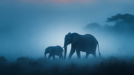 A beautiful scene of elephants strolling through a misty landscape at dawn, highlighting the harmony of wildlife in their natural habitat, peaceful and serene.の素材