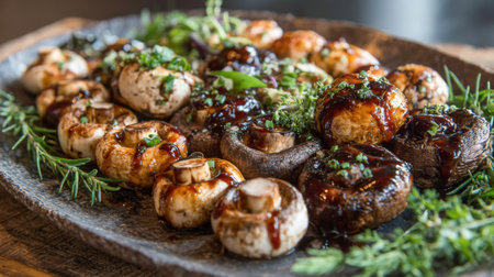 A beautiful arrangement of grilled mushrooms on a rustic plate showcases glossy glaze and fresh herbs, perfect for culinary presentations or dining settings.の素材