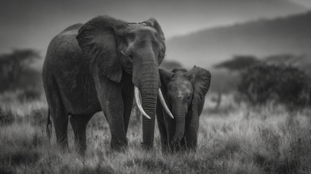 A striking black and white image capturing the intimate bond between a majestic elephant and its young calf in a serene wilderness.の素材