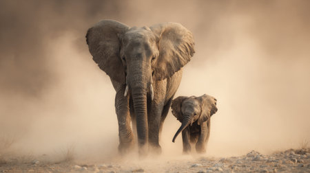 A stunning image of elephants walking gracefully through a dusty environment evokes a sense of wonder about wildlife and nature.の素材