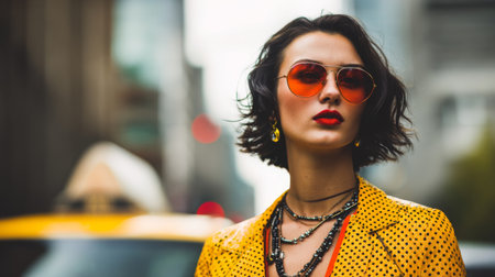 A stylish woman poses confidently in a vibrant yellow polka dot outfit, complemented by bold sunglasses and urban scenery, exuding modern elegance.の素材