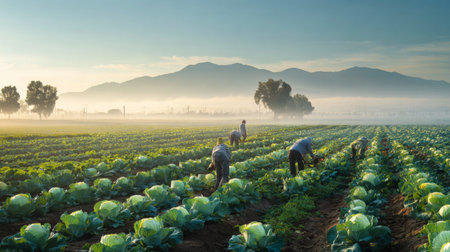 A serene scene of farmers working in a cabbage field at sunrise, with mist hovering over a lush landscape and mountains in the background.の素材