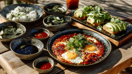 A vibrant spread of diverse dishes presented on a rustic wooden table, featuring eggs, fresh herbs, rice, and assorted sauces, perfect for sharing.の素材