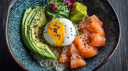 An appetizing bowl featuring fresh salmon sashimi, creamy avocado, a perfectly cooked egg, and delicate noodles garnished with sesame seeds.の素材