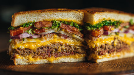 A mouthwatering hamburger sandwich featuring layers of juicy beef, melted cheese, fresh lettuce, crispy bacon, and tangy tomato, served on toasted bread.の素材