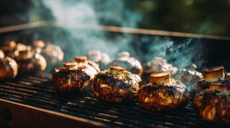 A close-up of grilled mushrooms on a barbecue, highlighting smoke and fire that enhance the delicious flavors, perfect for outdoor dining and vegetarian meals.の素材