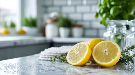 A vibrant composition featuring freshly sliced lemons on a marble countertop, complemented by aromatic herbs and stylish kitchen decor, evoking freshness and culinary inspiration.の素材