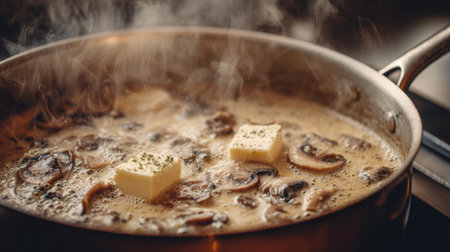 A steaming pan of creamy mushroom sauce with melting butter cubes, showcasing a warm and inviting cooking scene perfect for culinary inspiration.の素材