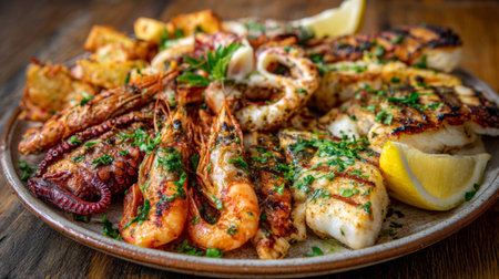 A mouth-watering grilled seafood platter featuring shrimp, fish, and squid, garnished with herbs and lemon, perfect for gatherings and special occasions.の素材
