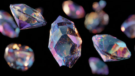 A collection of vibrant and colorful crystal gems appears to float against a black background, creating a stunning visual display of sparkle and illumination.の素材
