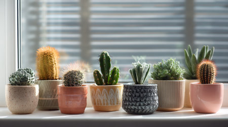 A charming arrangement of various cactus plants in decorative pots displaying an array of colors and textures, ideal for home decor or gardening inspiration.の素材