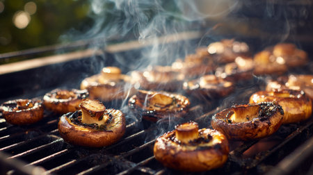 Beautifully grilled mushrooms sizzle on a barbecue, surrounded by natural greenery. The smoky aroma and vibrant color invite culinary exploration.の素材