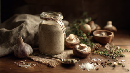 A rustic setup featuring homemade garlic and herb spread in a glass jar, accompanied by fresh mushrooms and herbs on a wooden table, ideal for culinary inspiration.の素材