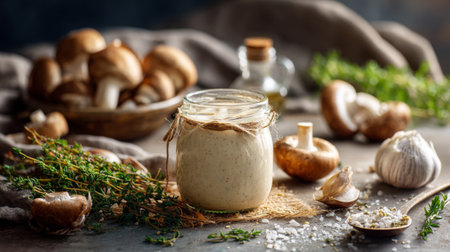 A delightful arrangement of fresh mushrooms, garlic, and herbs with a jar of creamy sauce, perfect for inspiring culinary creativity in the kitchen.の素材