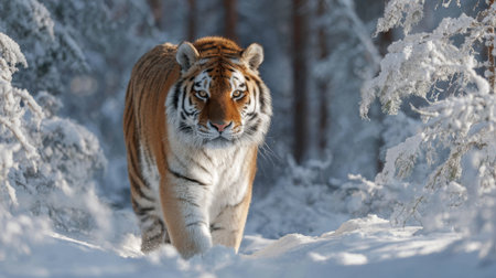 A striking Siberian tiger confidently walks across a snow-covered forest, showcasing its vibrant orange and black fur against the serene winter landscape.の素材