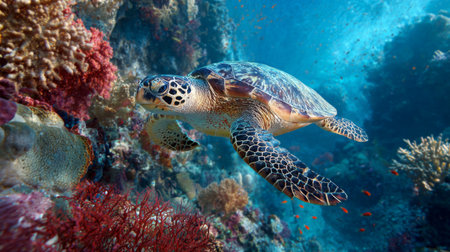 A magnificent sea turtle swims gracefully through a vibrant coral reef, showcasing the beauty of marine life in crystal clear ocean water, perfect for nature lovers.の素材