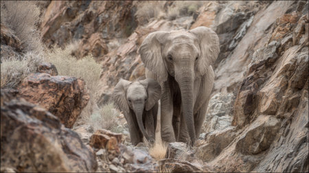 A touching scene of a mother elephant and her calf traveling together through a rocky landscape, showcasing their natural bond and resilience in the wild.の素材