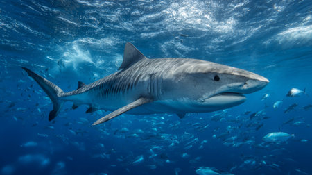 A stunning tiger shark glides effortlessly through the crystal-clear ocean, surrounded by a school of small fish, showcasing the beauty of marine life.の素材