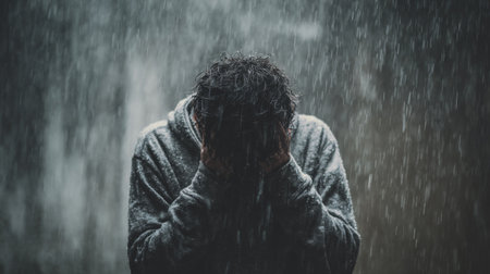 A poignant scene of a person in a hoodie standing in the rain, capturing a moment of deep emotion and vulnerability amidst a gloomy environment.の素材