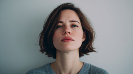 This striking portrait features a young woman with short brown hair and natural makeup, exuding confidence and serenity against a minimalist background.の素材