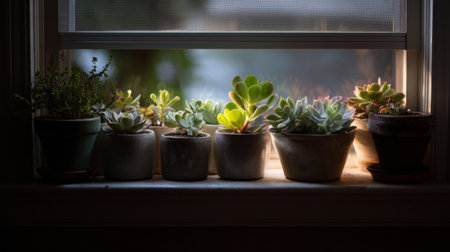 A serene view of various succulent plants thriving on a sunny windowsill, showcasing their vibrant leaves and diverse pots, creating a tranquil indoor garden.の素材