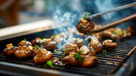 A mouth-watering scene featuring fresh mushrooms grilling on a barbecue, with smoke wafting and cooking tongs poised to serve, perfect for summer gatherings.の素材