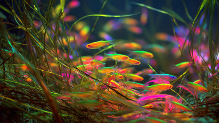 This stunning underwater scene showcases vibrant neon tetra fish elegantly swimming amidst lush green plants, creating a serene aquatic environment that captivates.の素材