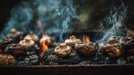 A captivating image featuring grilled mushrooms on a charcoal grill, with wisps of smoke and vibrant orange flames creating a warm, inviting atmosphere.の素材