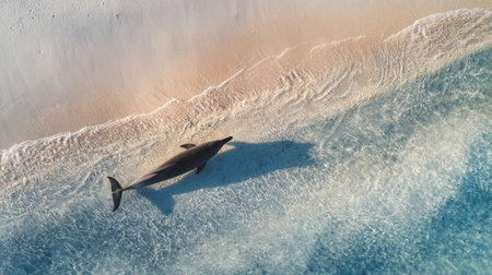 An aerial perspective captures a noble dolphin swimming gracefully close to the sandy shoreline, showcasing the beauty of marine life in a tropical environment.の素材