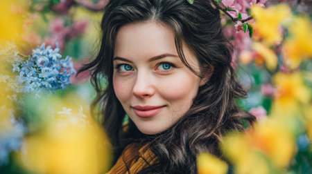 A captivating portrait of a young woman with striking blue eyes, framed by vibrant flowers in a serene garden, exuding beauty and peace.の素材