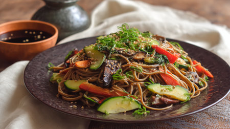A vibrant noodle dish featuring fresh vegetables and herbs, beautifully arranged on a dark plate, perfect for a healthy meal or dining experience.の素材