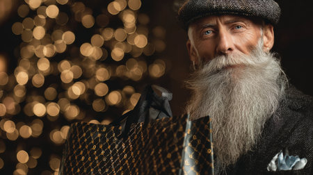 A stylish senior man with a distinguished graying beard holds a beautifully crafted gift bag, set against a warm, twinkling holiday backdrop, capturing the essence of festive joy and elegance.の素材