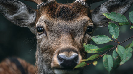 A stunning close-up portrait of a brown deer showcasing its expressive eyes and soft fur, framed by delicate green leaves in a serene natural environment.の素材