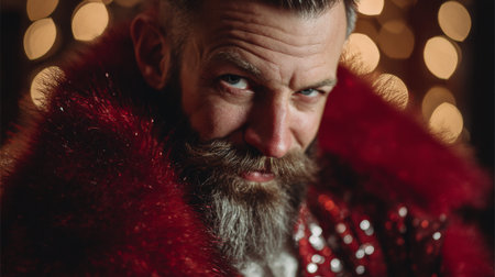 A captivating portrait of a man with a stylish beard, dressed in festive attire, radiating confidence and charm against a softly lit background, perfect for holiday themes.の素材