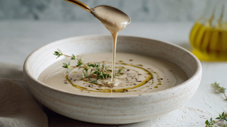 A beautifully styled bowl of creamy soup drizzled with olive oil, garnished with fresh thyme, showcasing a warm and inviting culinary experience.の素材