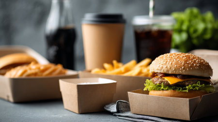 A tempting fast food arrangement featuring a classic burger with cheese, crispy fries, and refreshing drinks. Perfect for food lovers on the go!の素材
