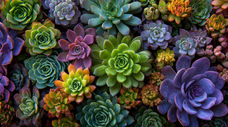 A stunning collection of vibrant succulent plants showcasing a variety of colors and textures, perfect for botanical art, gardening projects, and nature enthusiasts.の素材