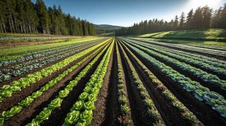 A stunning view of vibrant rows of fresh vegetables growing in a lush farm landscape, showcasing the beauty of agriculture under clear skies and sunlight.の素材