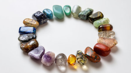 This captivating collection of polished natural stones showcases a vibrant array of colors and shapes. Arranged in a circular pattern, these gems exemplify artistic beauty and the elegance of nature. Ideal for creative projects or as a decorative centerpiece.の素材