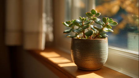 A charming indoor plant sits in a textured ceramic pot on a sunlit windowsill, creating a peaceful and inviting atmosphere in a cozy living area.の素材