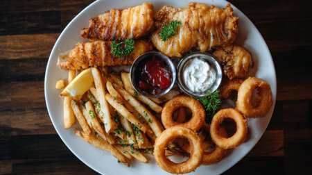 A mouthwatering arrangement of crispy fried fish fillets served with golden fries, crunchy onion rings, and two flavorful dipping sauces on a rustic wooden table.の素材