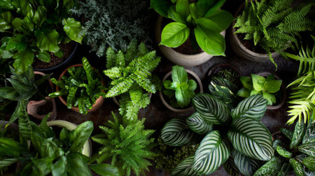 This captivating image showcases a diverse collection of lush indoor plants, each exhibiting unique textures and shades of green, enhancing any living space.の素材