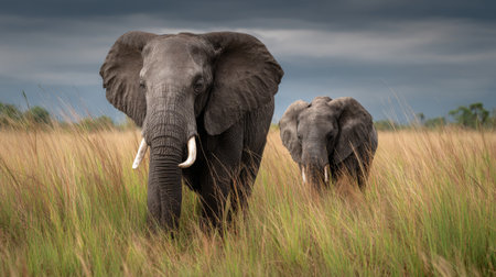 Two majestic elephants walk gracefully through tall grass in their natural habitat, showcasing the beauty of wildlife and the tranquility of nature.の素材