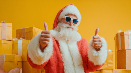 A joyful Santa Claus wearing sunglasses shows a thumbs-up gesture, surrounded by bright gift boxes, capturing a playful holiday spirit against a vivid yellow backdrop.の素材