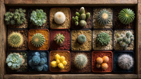 Explore a visually stunning arrangement of various succulents and cacti displayed in a rustic wooden tray. This vibrant collection showcases the unique textures and colors of these resilient plants, perfect for enhancing any living space or garden setting.の素材
