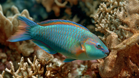 A colorful fish glides gracefully through a coral reef, showcasing its vibrant hues against the stunning backdrop of clear ocean waters.の素材