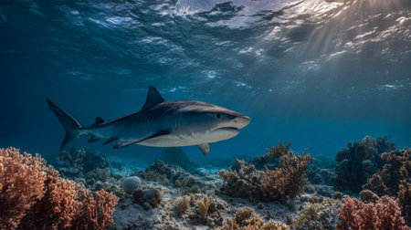 A stunning representation of a shark gracefully moving through a lively coral reef, illuminated by sunlight filtering through the ocean surface.の素材