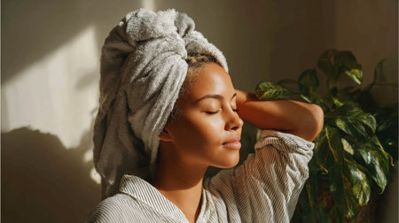 A serene woman enjoys a moment of relaxation indoors with a towel on her head, soaking up natural light and embracing tranquility in her cozy space.の素材
