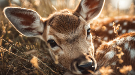 A charming close-up of a young fawn resting comfortably among tall grass and wildflowers, highlighting its soft fur and curious eyes under gentle sunlight.の素材